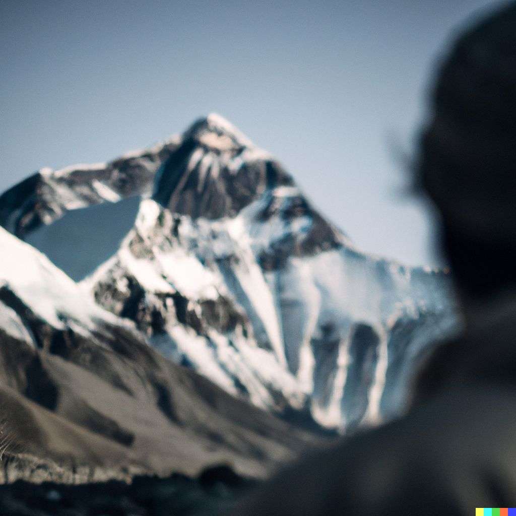 someone gazing at Mount Everest, photograph, f1.4, very shallow depth of field